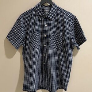 Carhartt Men's Navy and White Check Short-Sleeve Button-Down Shirt XL